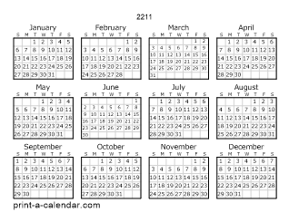 2211 Yearly Calendar | One page Calendar