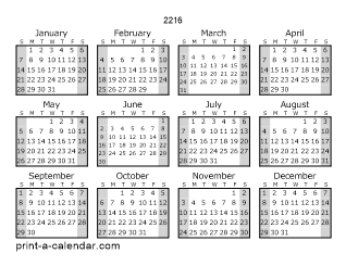 2216 Yearly Calendar (Style 1)