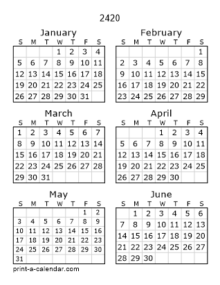 2420 Two Page Yearly Calendar | Six months per page