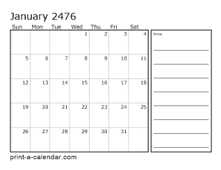 2476 Monthly Calendar with Notes