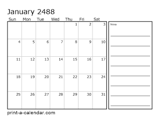 2488 Monthly Calendar with Notes