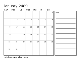 2489 Monthly Calendar with Notes