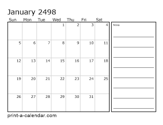 2498 Monthly Calendar with Notes