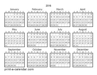 2516 Yearly Calendar | One page Calendar