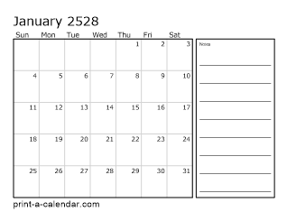 2528 Monthly Calendar with Notes