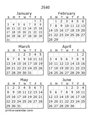 2540 Two Page Yearly Calendar | Six months per page