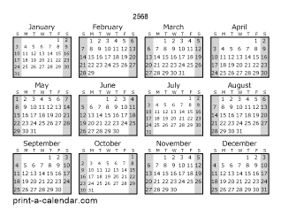 2568 Yearly Calendar (Style 1)