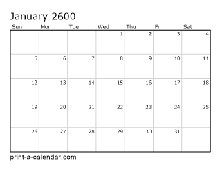 2600 Monthly Calendar