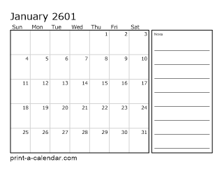 2601 Monthly Calendar with Notes