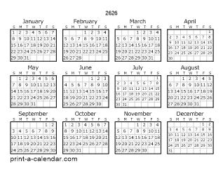 2626 Yearly Calendar | One page Calendar