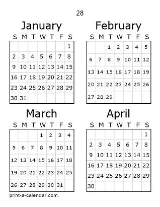 28 Three Page Yearly Calendar | Four months per page