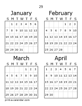 29 Three Page Yearly Calendar | Four months per page