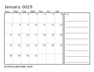 29 Monthly Calendar with Notes