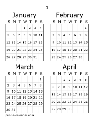 3 Three Page Yearly Calendar | Four months per page