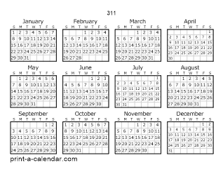 311 Yearly Calendar | One page Calendar