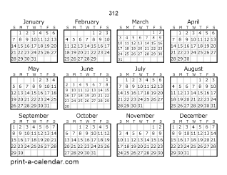 312 Yearly Calendar | One page Calendar