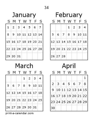 34 Three Page Yearly Calendar | Four months per page