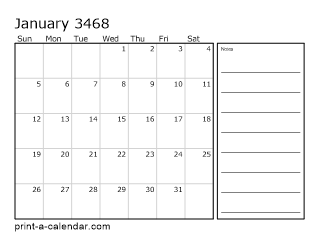 3468 Monthly Calendar with Notes