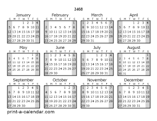 3468 Yearly Calendar (Style 1)