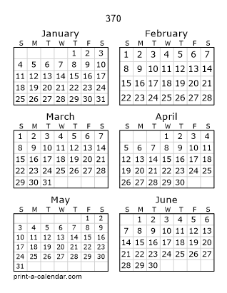 370 Two Page Yearly Calendar | Six months per page