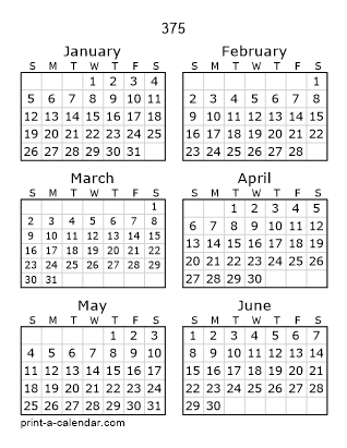 375 Two Page Yearly Calendar | Six months per page