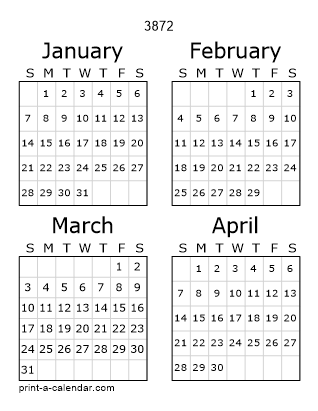 3872 Three Page Yearly Calendar | Four months per page