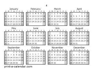 4 Yearly Calendar (Style 1)