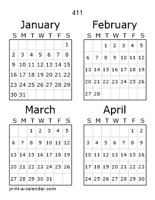 411 Three Page Yearly Calendar | Four months per page