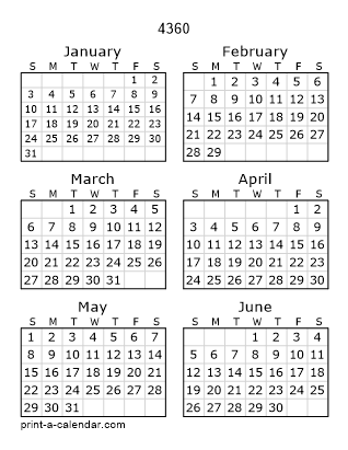 4360 Two Page Yearly Calendar | Six months per page