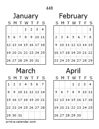 448 Three Page Yearly Calendar | Four months per page