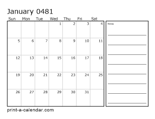 481 Monthly Calendar with Notes