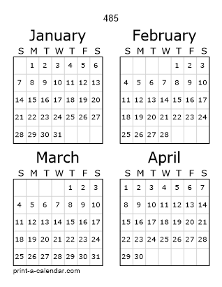 485 Three Page Yearly Calendar | Four months per page