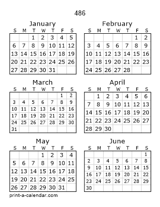 486 Two Page Yearly Calendar | Six months per page
