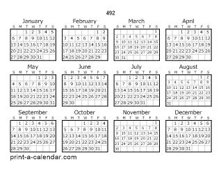 492 Yearly Calendar | One page Calendar