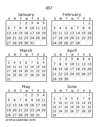 497 Two Page Yearly Calendar | Six months per page