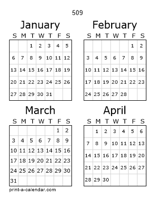 509 Three Page Yearly Calendar | Four months per page