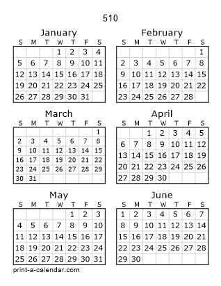 510 Two Page Yearly Calendar | Six months per page