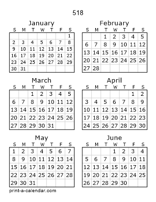 518 Two Page Yearly Calendar | Six months per page