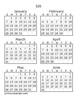 520 Two Page Yearly Calendar | Six months per page