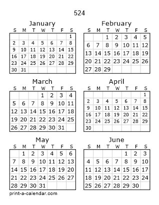 524 Two Page Yearly Calendar | Six months per page