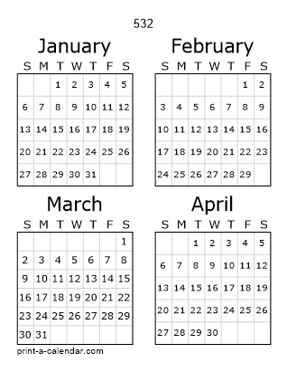 532 Three Page Yearly Calendar | Four months per page
