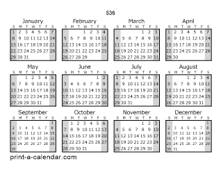 536 Yearly Calendar (Style 1)