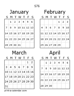 576 Three Page Yearly Calendar | Four months per page