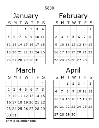 5800 Three Page Yearly Calendar | Four months per page