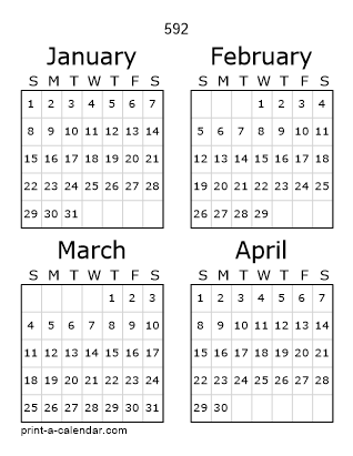 592 Three Page Yearly Calendar | Four months per page