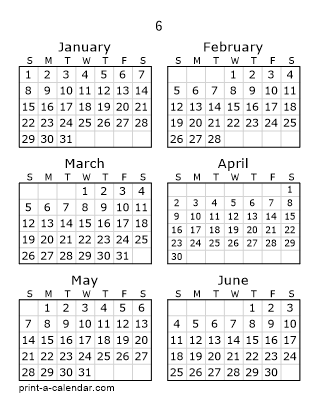 6 Two Page Yearly Calendar | Six months per page
