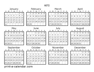 6072 Yearly Calendar | One page Calendar