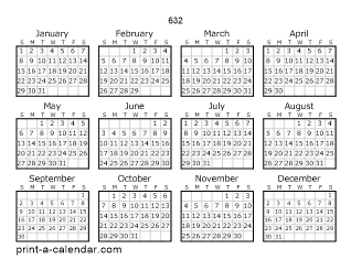 632 Yearly Calendar | One page Calendar