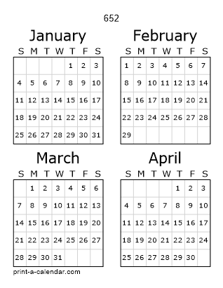 652 Three Page Yearly Calendar | Four months per page