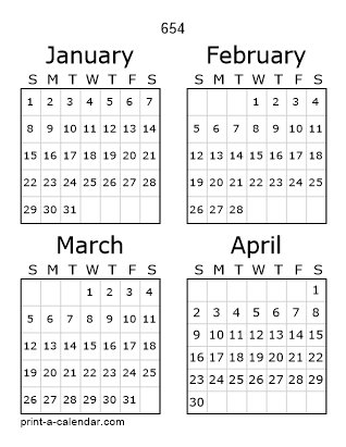 654 Three Page Yearly Calendar | Four months per page